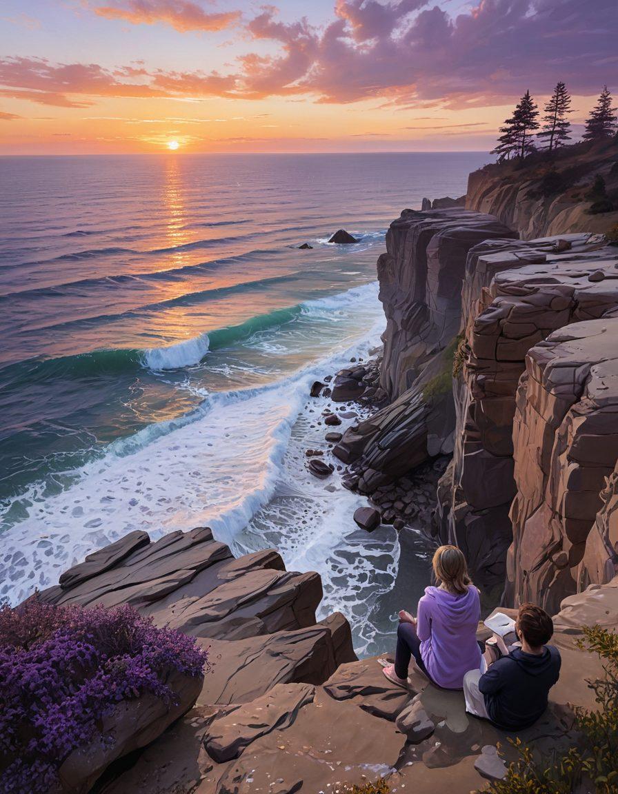 A serene landscape featuring a person sitting on a cliff ledge, gazing thoughtfully at a sunset with soft, melancholic hues of purple and orange. The scene embodies tranquility and introspection, with gentle waves crashing below and wisps of clouds above, symbolizing emotional release. Subtle details like falling leaves and a small book beside them enhance the narrative of healing through reflection. painting. soft colors. ethereal atmosphere.
