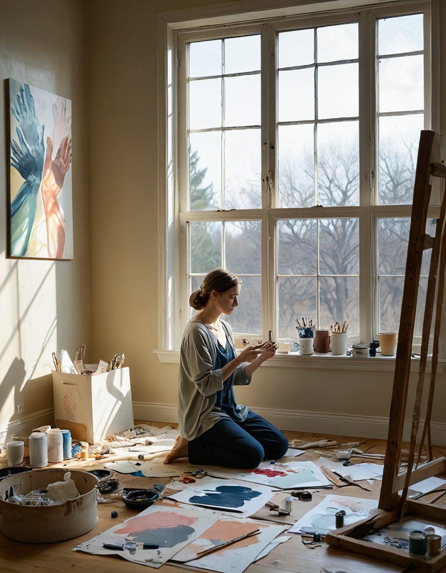 A poignant scene depicting an artist's studio filled with canvases, showcasing abstract representations of grief and healing. In the foreground, a solitary figure paints a mural of intertwined hands symbolizing community support. Soft, muted colors convey melancholy, with gentle light filtering through a window. A few scattered art supplies and unfinished artworks reflect the journey of processing emotions. Artistic expression emphasized with a touch of surrealism. super-realistic. muted colors. soft light.
