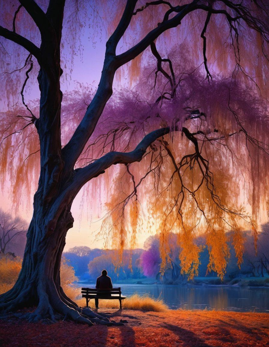A surreal landscape depicting a figure sitting alone on a bench under a weeping willow tree, surrounded by falling autumn leaves symbolizing sadness. The sky is a gradient of deep blues and purples, with a soft glow illuminating the scene, reflecting a mixture of longing and creative inspiration. In the distance, faint silhouettes of artists engaging in various forms of art like painting and writing can be seen, conveying the theme of emotional expression. The overall mood should evoke introspection and beauty in sadness. painting. vibrant colors. dreamy atmosphere.
